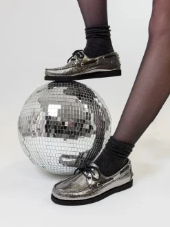 Chaussure Bateau Femme Cuir Argent Metallisé