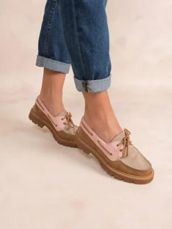 Chaussures bateau femme tan et rose LAZARIA