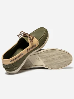 Chaussures Bateau Homme Cuir Vert et Beige PHENIS