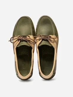 Chaussures Bateau Homme Cuir Vert et Beige PHENIS