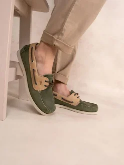 Chaussures Bateau Homme Cuir Vert et Beige PHENIS