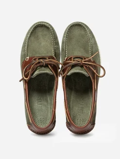 Chaussures Bateau Homme Cuir Velours Vert et Blanc PHENIS
