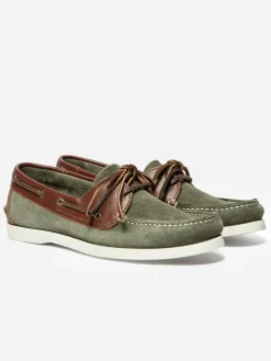 Chaussures Bateau Homme Cuir Velours Vert et Blanc PHENIS