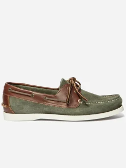 Chaussures Bateau Homme Cuir Velours Vert et Blanc PHENIS