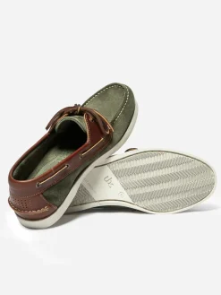 Chaussures Bateau Homme Cuir Velours Vert et Blanc PHENIS