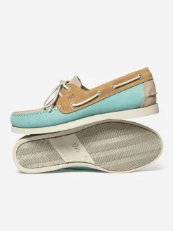 Chaussures bateau homme vert d'eau et tan PHENIS