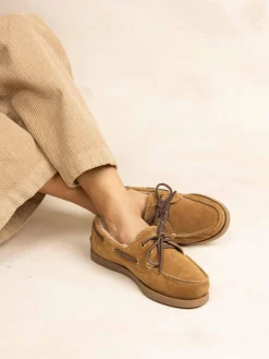 Chaussures Bateaux Femme Cuir Cognac et Creme PHERINA