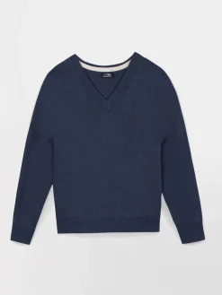 Pull Femme Tricot Col V Coton Laine Bleu ENOLAVER