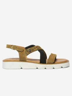Sandales Femme Cuir Fermeture Boucle Camel détails léopard