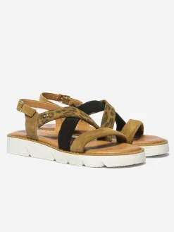 Sandales Femme Cuir Fermeture Boucle Camel détails léopard