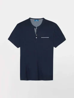 Tee Shirt Homme Col Tunisien Marine