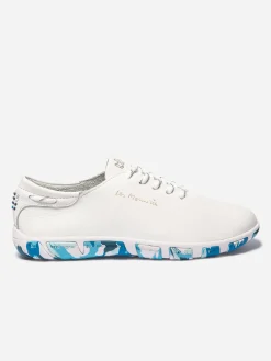 Tennis Femme Confort Cuir Blanc Semelle Bleue