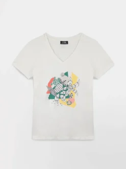 T-shirt Femme Col V Manches Courtes Motifs Blanc LUGDITEE