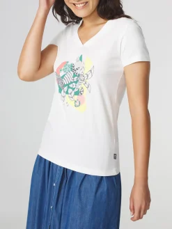 T-shirt Femme Col V Manches Courtes Motifs Blanc LUGDITEE