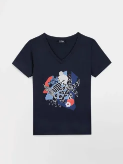 T-shirt Femme Col V Manches Courtes Motifs Marine LUGDITEE